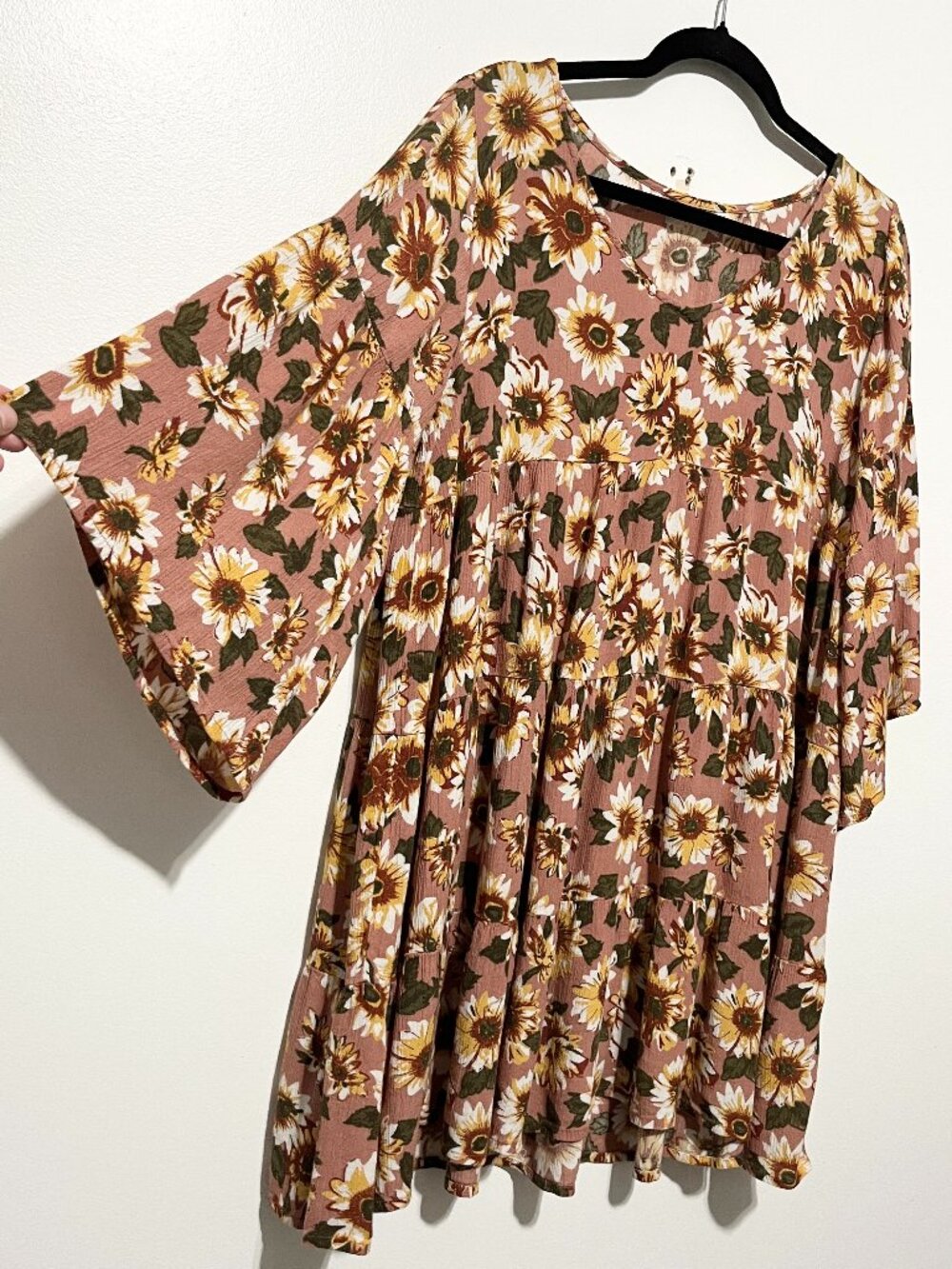 Natural Life Womens Gauze Mini Dress M Floral Boho Peasant Hippie Flare Sleeve